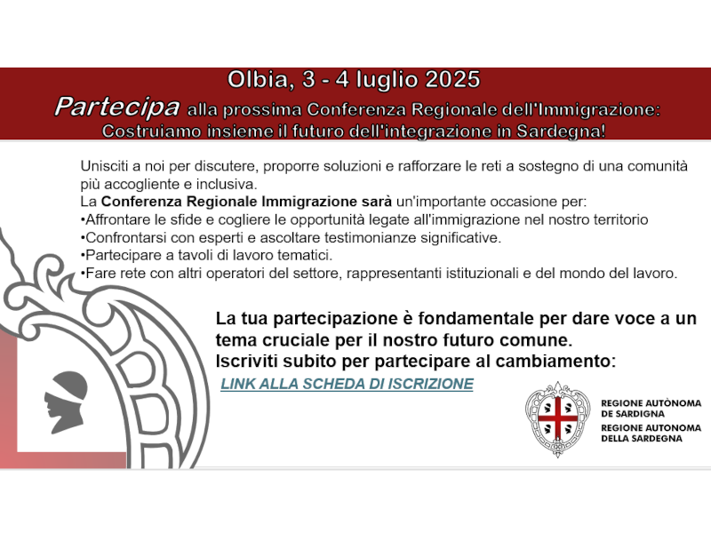 Confererenza Regionale sull’Immigrazione a Olbia il 3 e 4 luglio 2025