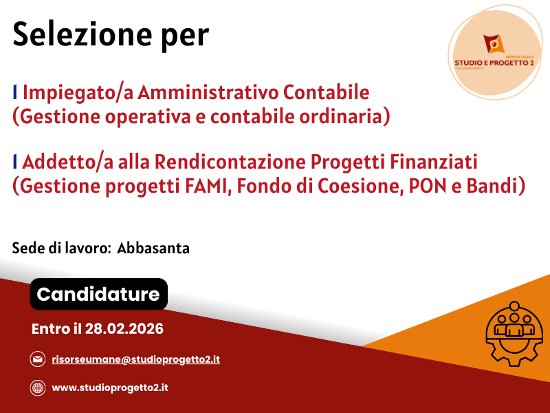 AVVISO DI SELEZIONE DI 2 FIGURE DA INSERIRE C/O LA SEDE DELLA COOPERATIVA